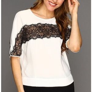 BCBGMaxazria Edith White Blouse sheer Black Lace Cropped XS Dolman Sleeve